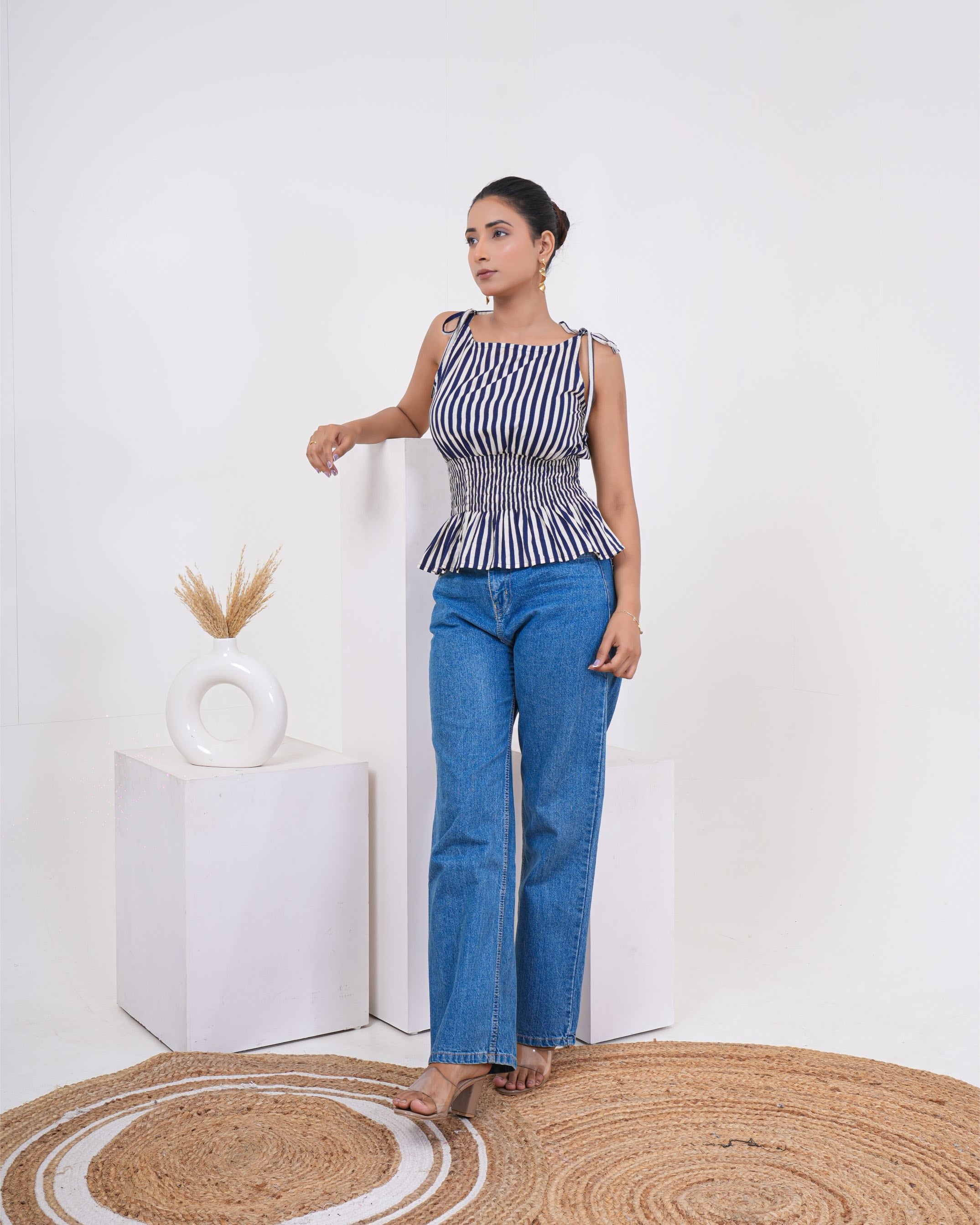 Midnight Breeze Stripe Pure Cotton Smocked Top