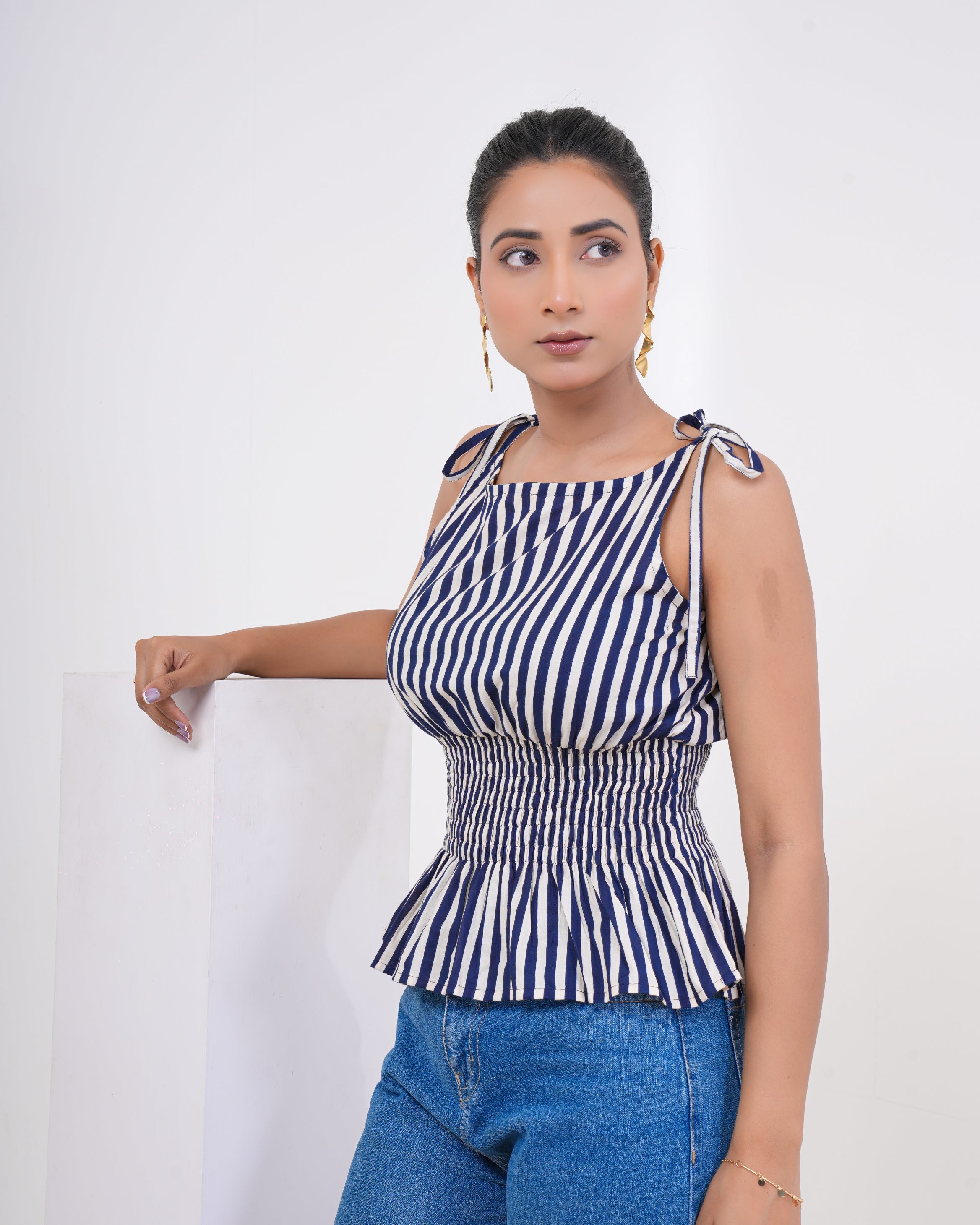 Midnight Breeze Stripe Pure Cotton Smocked Top