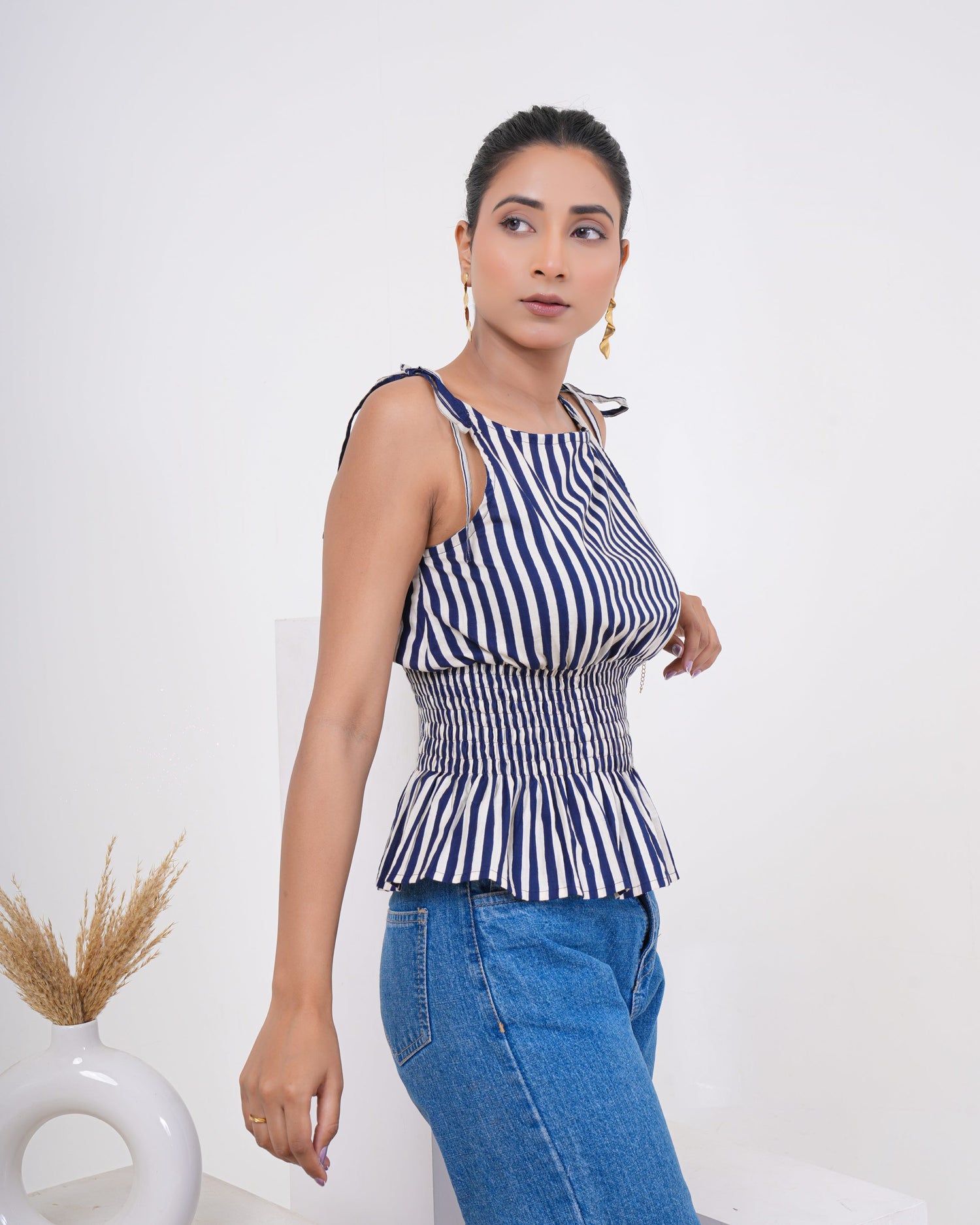 Midnight Breeze Stripe Pure Cotton Smocked Top
