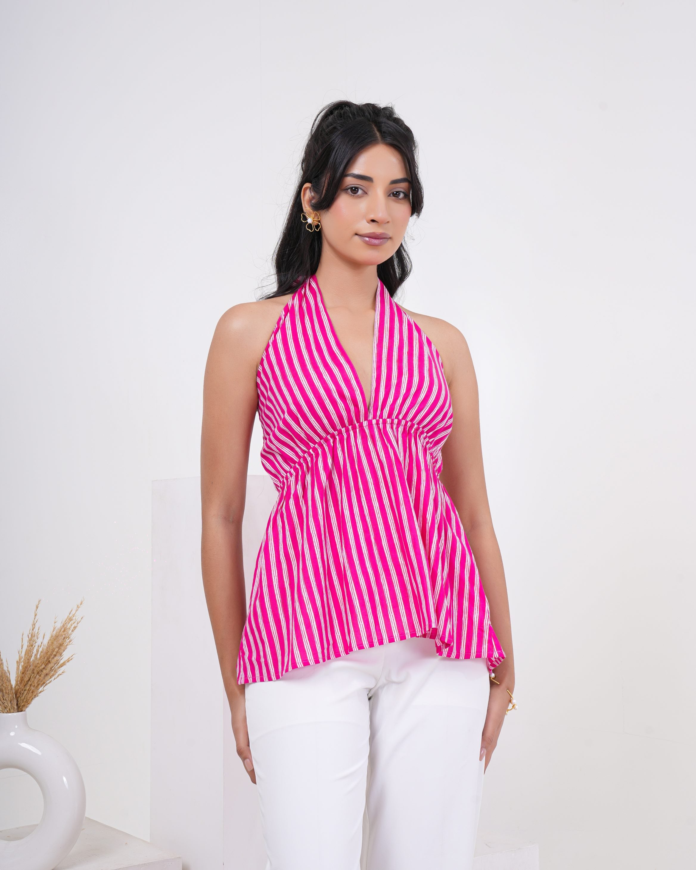 Pink Mirage Stripe Pure Cotton Halter Top