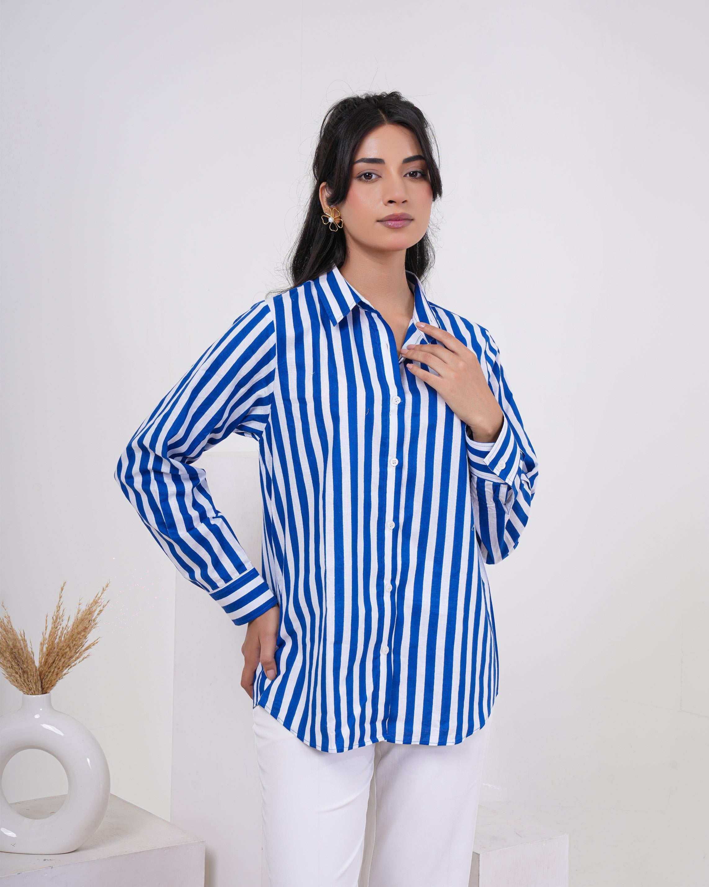 Azure Tide Stripe Pure Cotton Women’s Shirt