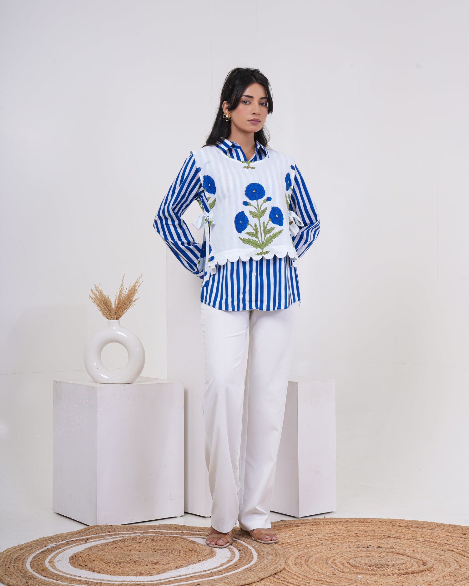 Azure Bloom Stripe Layered Pure Cotton Shirt