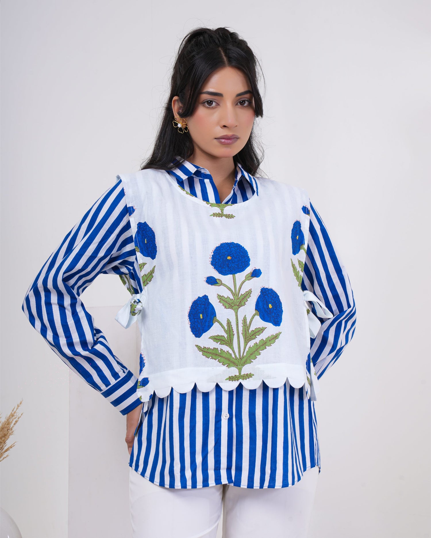 Azure Bloom Stripe Layered Pure Cotton Shirt