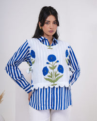 Azure Bloom Stripe Layered Pure Cotton Shirt