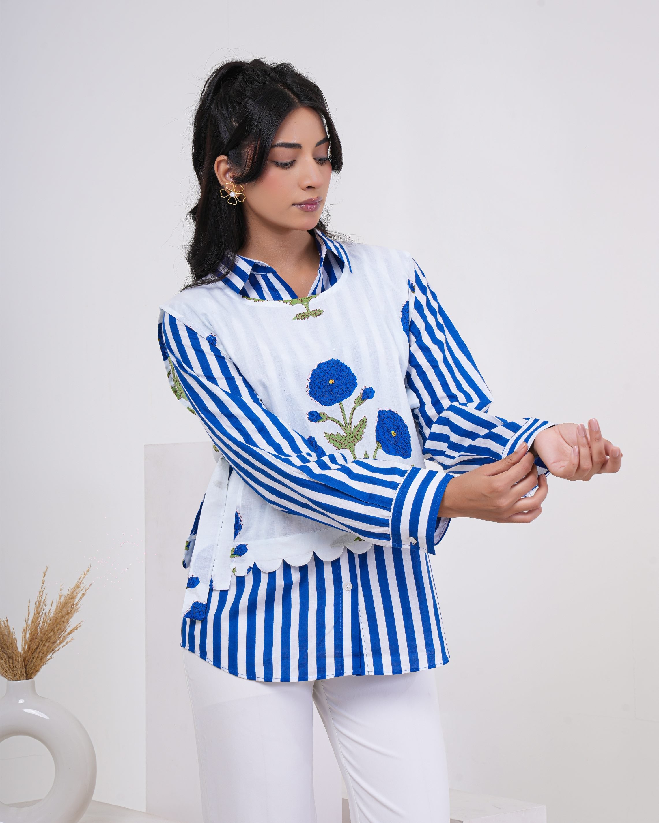 Azure Bloom Stripe Layered Pure Cotton Shirt