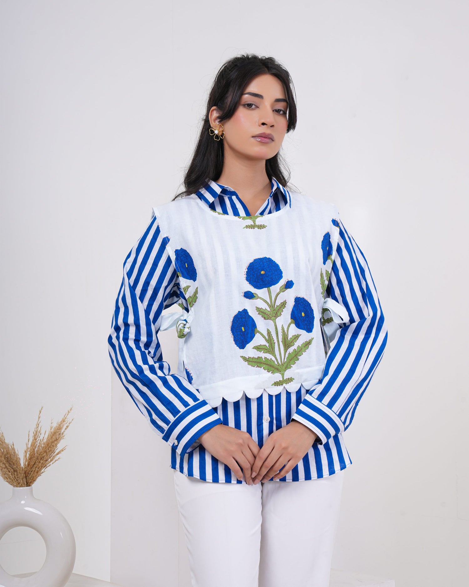 Azure Bloom Stripe Layered Pure Cotton Shirt