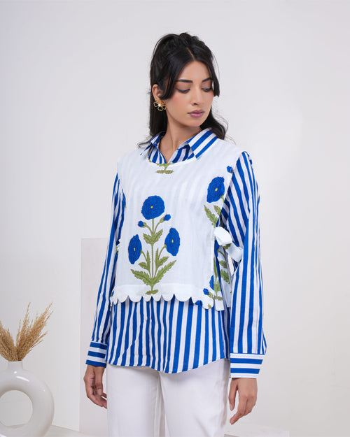 Azure Bloom Stripe Layered Pure Cotton Shirt