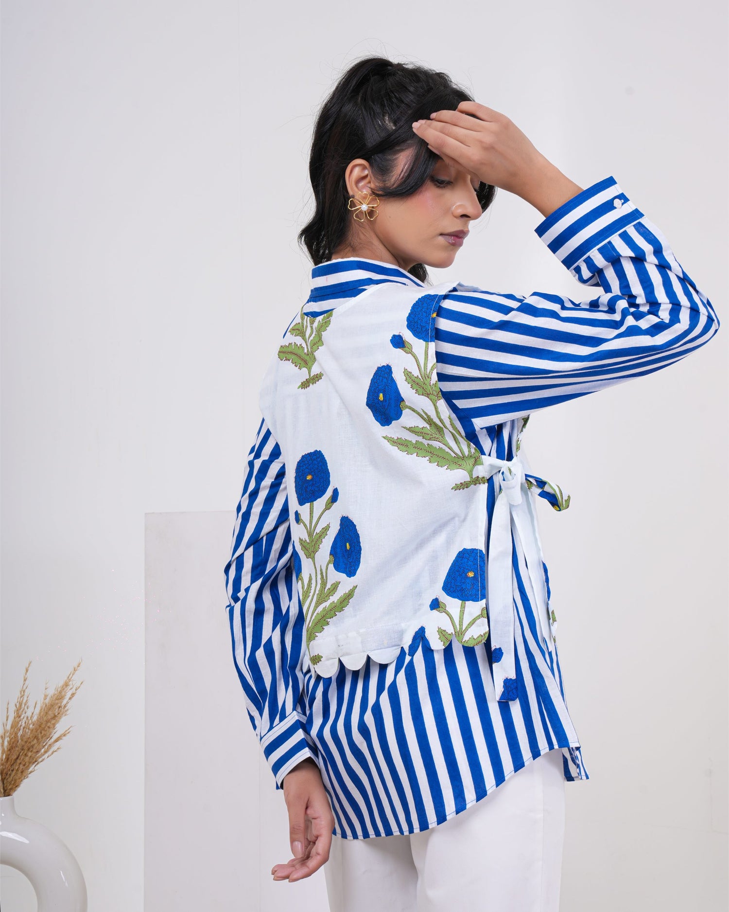 Azure Bloom Stripe Layered Pure Cotton Shirt