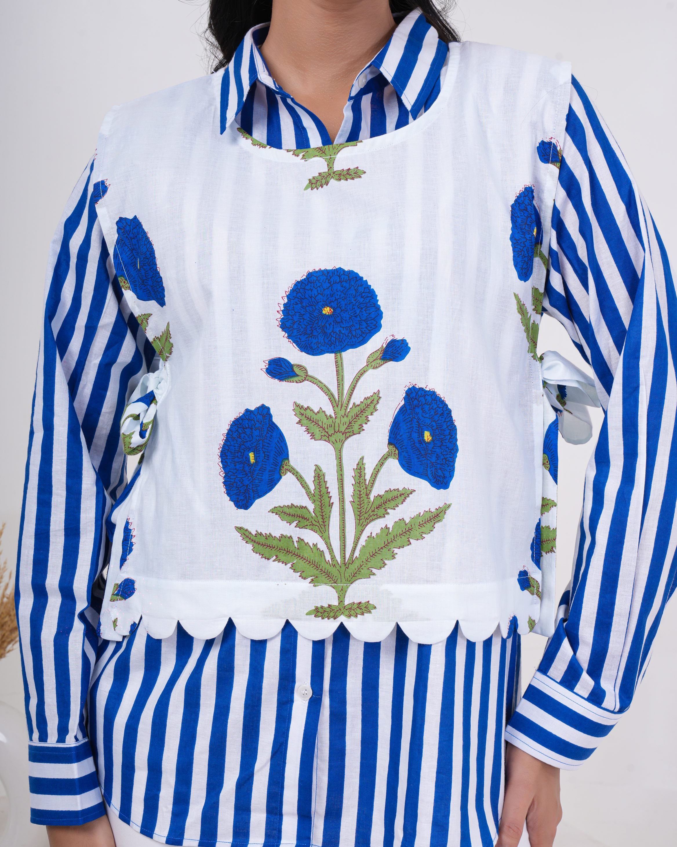 Azure Bloom Stripe Layered Pure Cotton Shirt