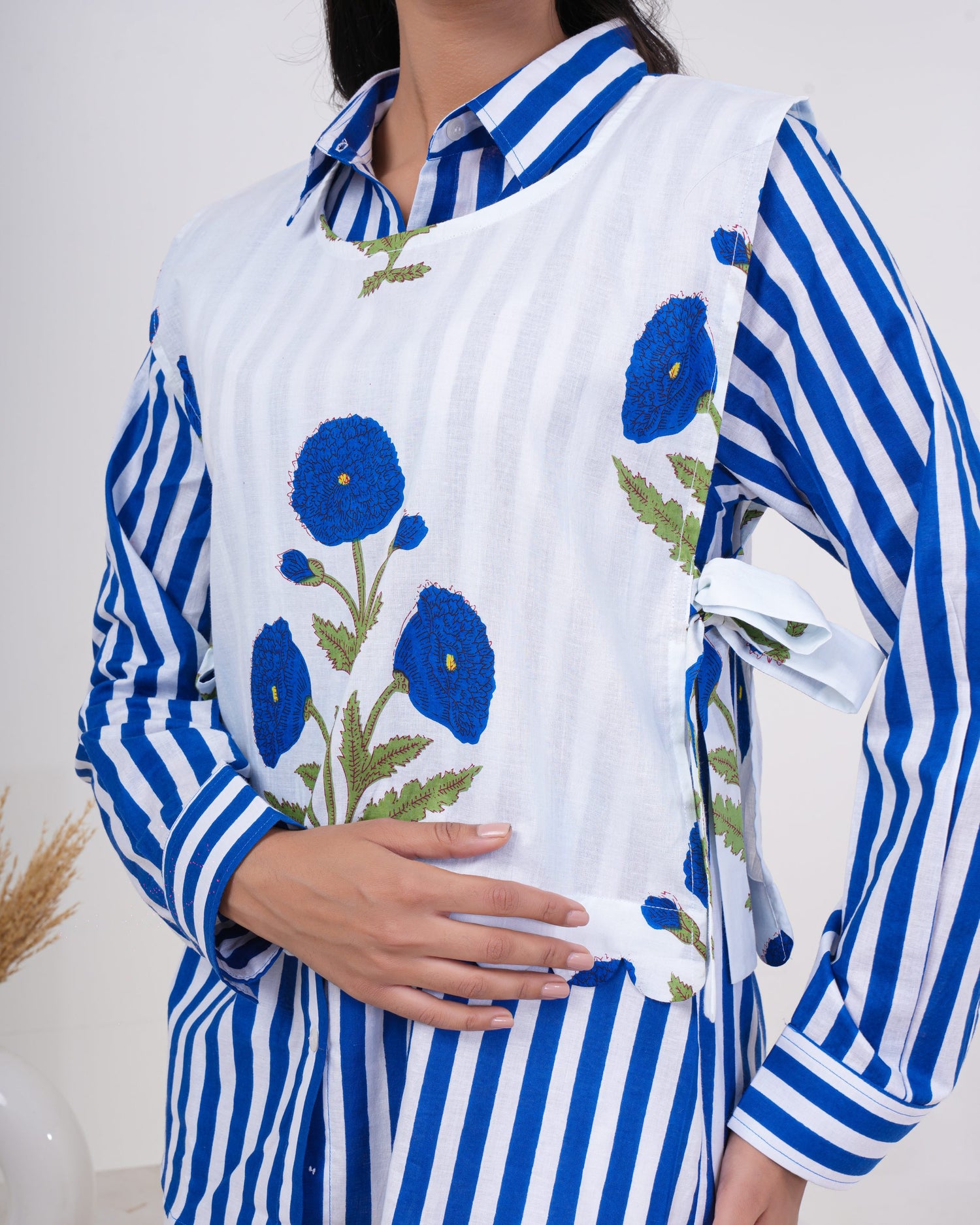 Azure Bloom Stripe Layered Pure Cotton Shirt