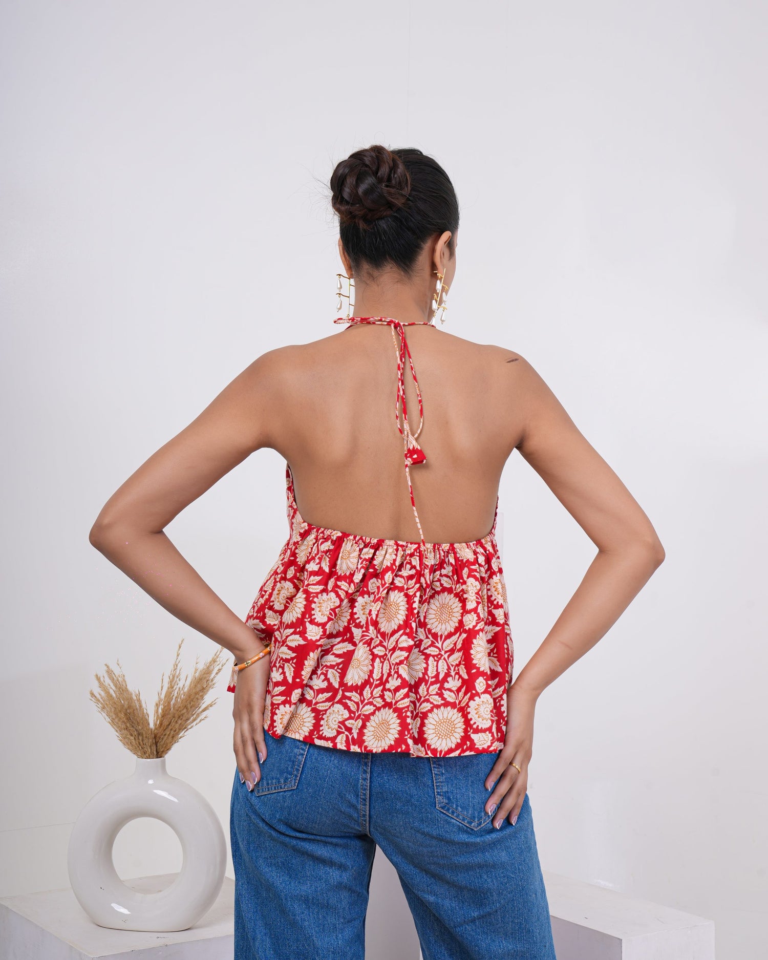 Crimson Bloom Pure Cotton Halter Top