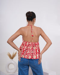 Crimson Bloom Pure Cotton Halter Top