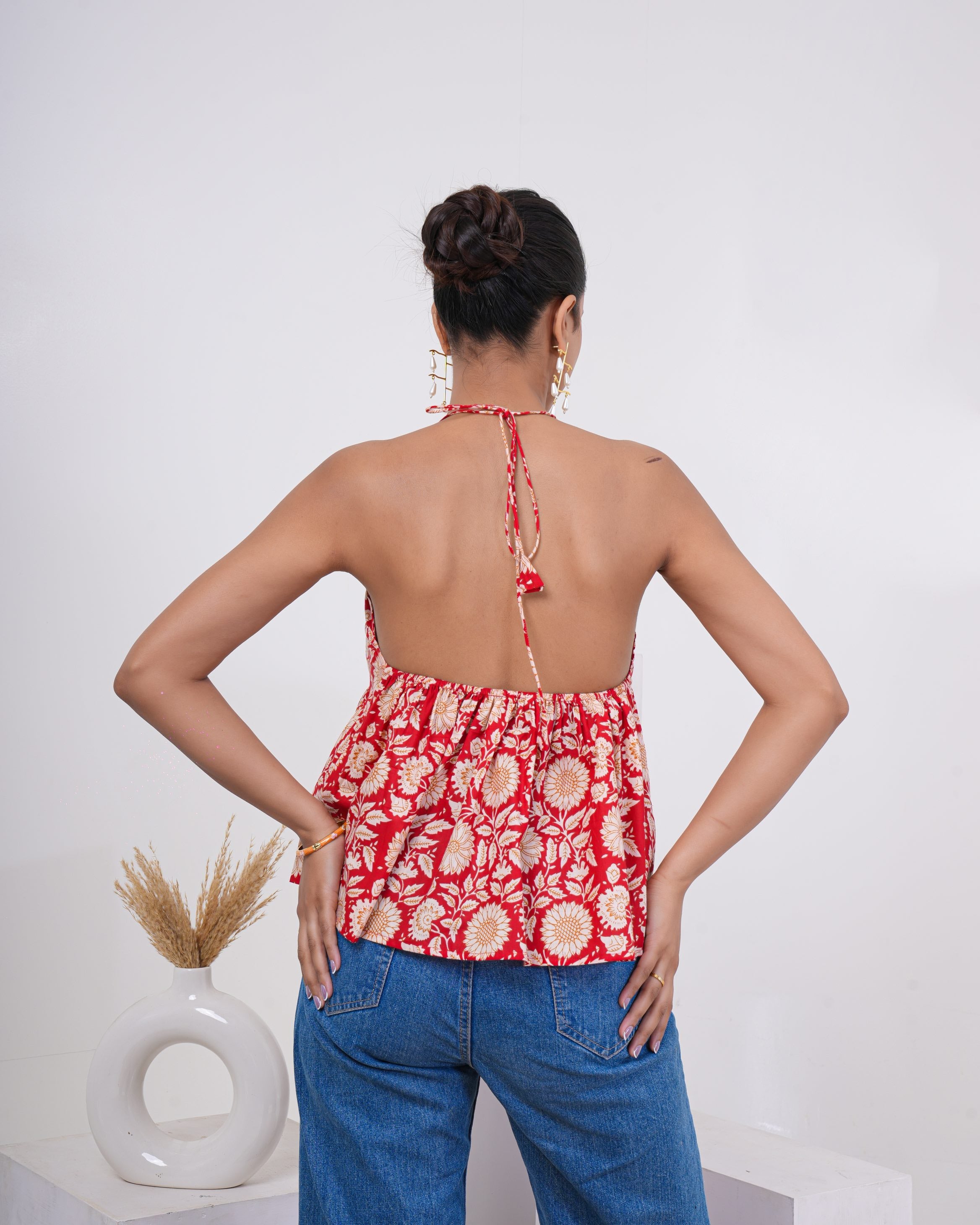 Crimson Bloom Pure Cotton Halter Top