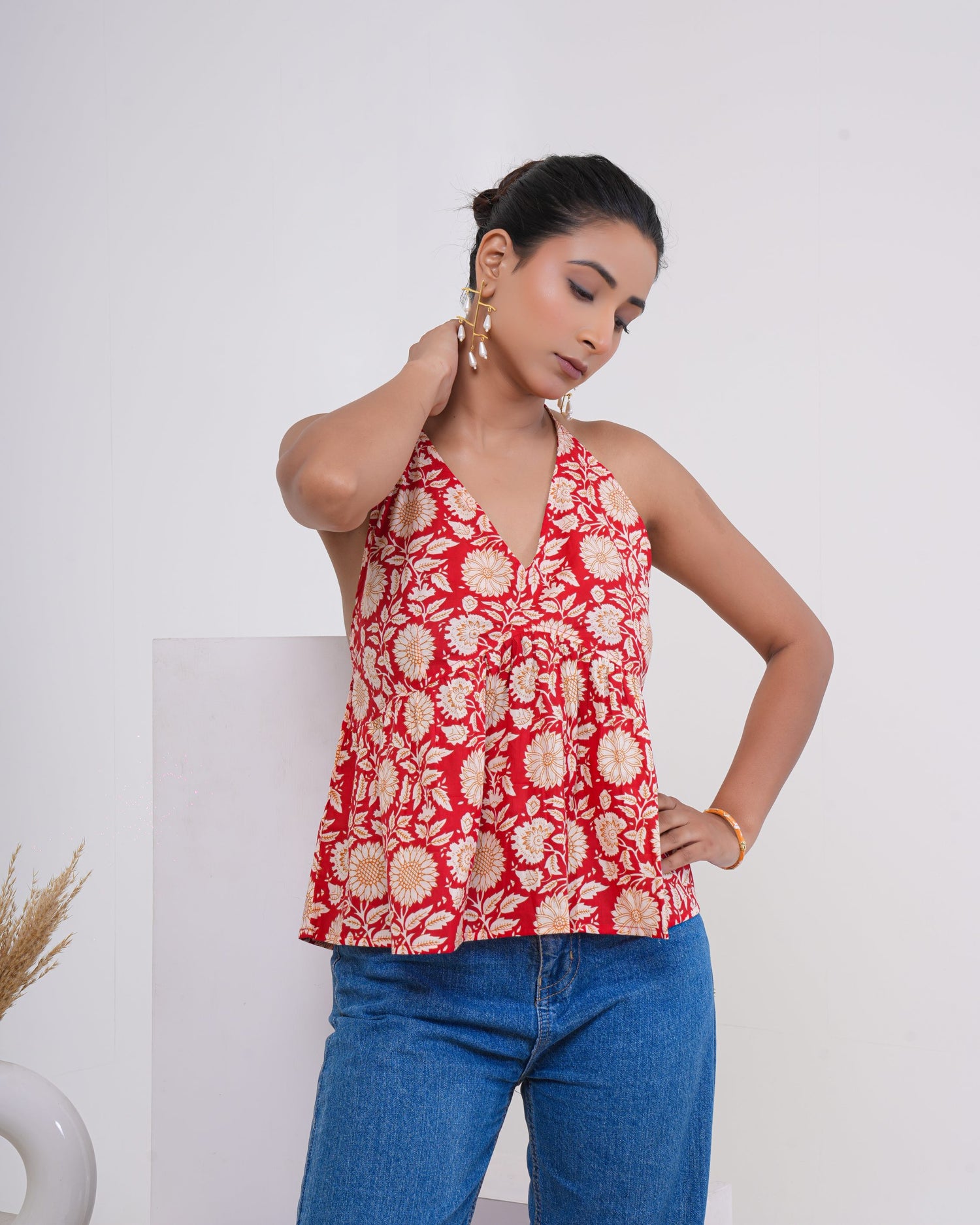 Crimson Bloom Pure Cotton Halter Top