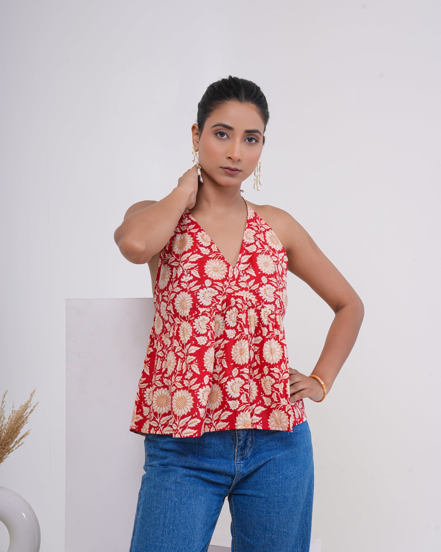 Crimson Bloom Pure Cotton Halter Top