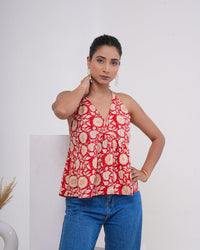 Crimson Bloom Pure Cotton Halter Top