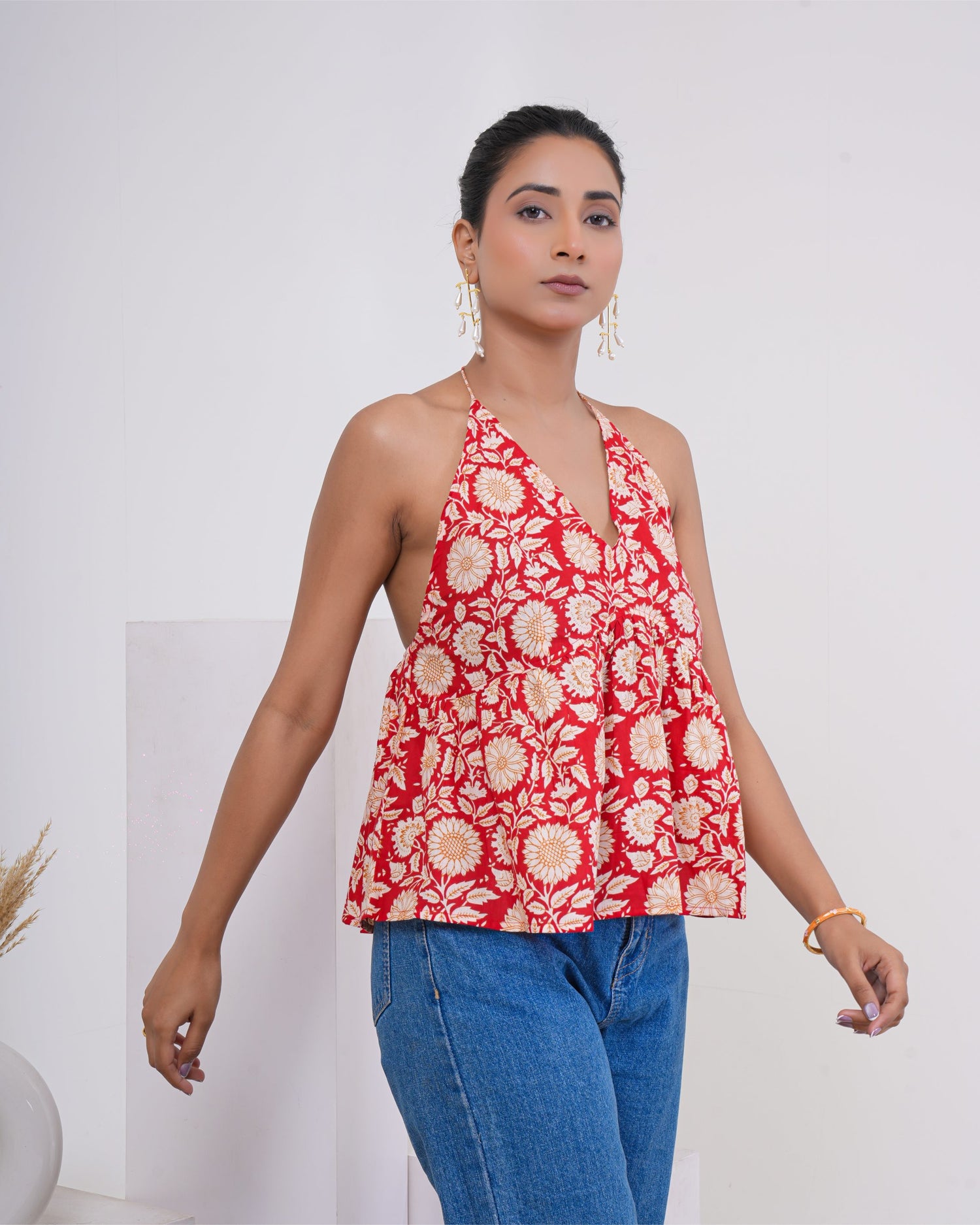 Crimson Bloom Pure Cotton Halter Top