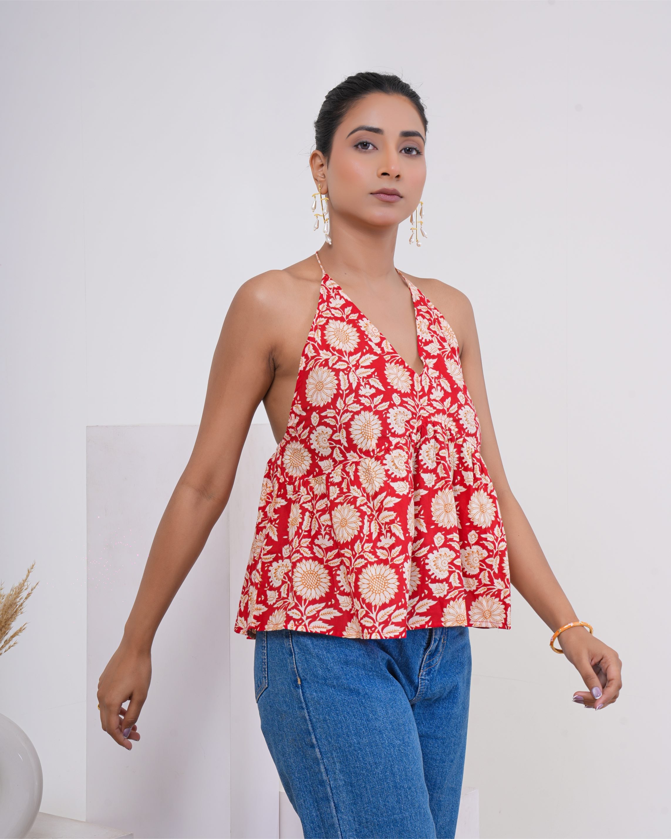 Crimson Bloom Pure Cotton Halter Top