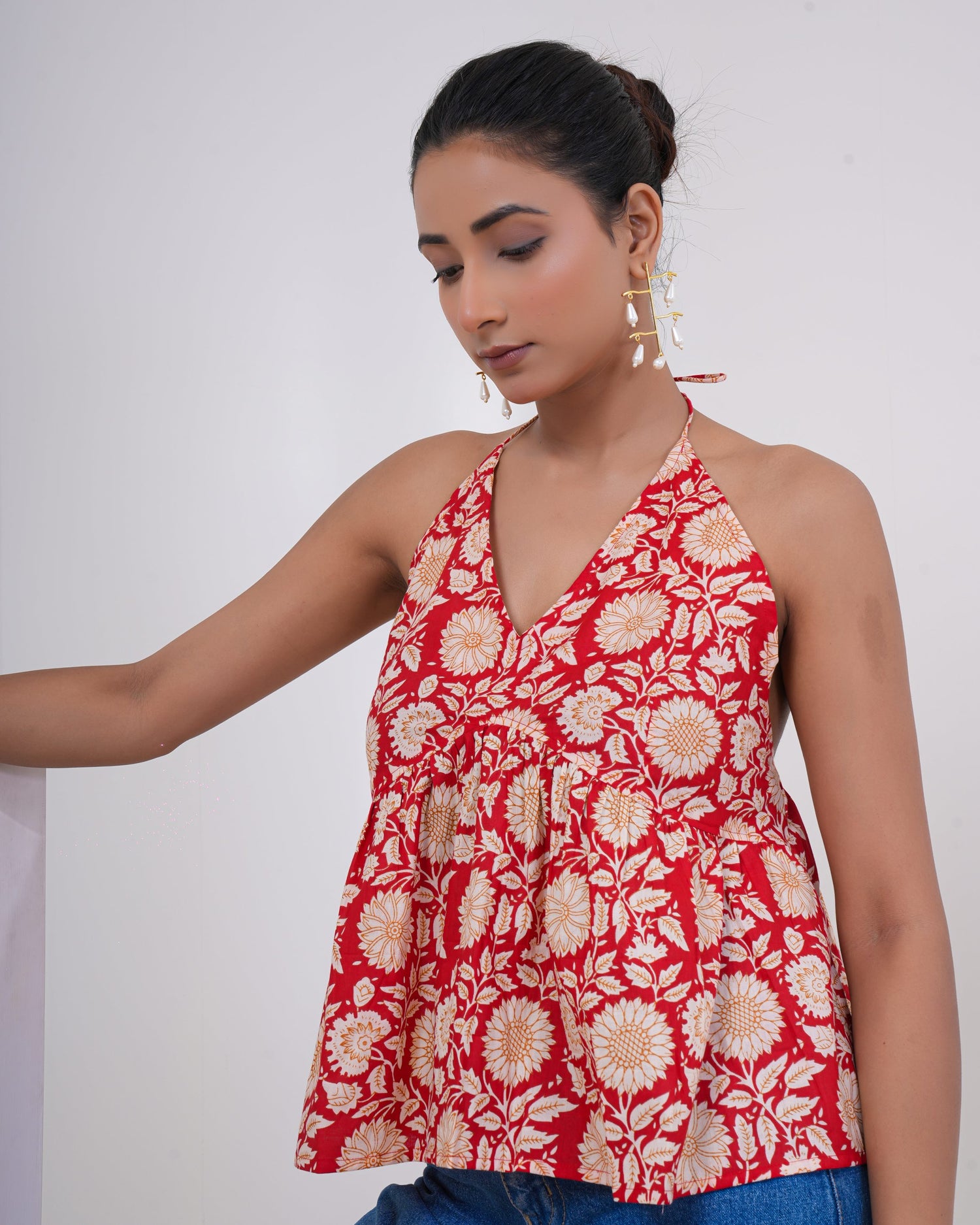 Crimson Bloom Pure Cotton Halter Top
