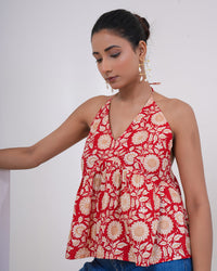 Crimson Bloom Pure Cotton Halter Top