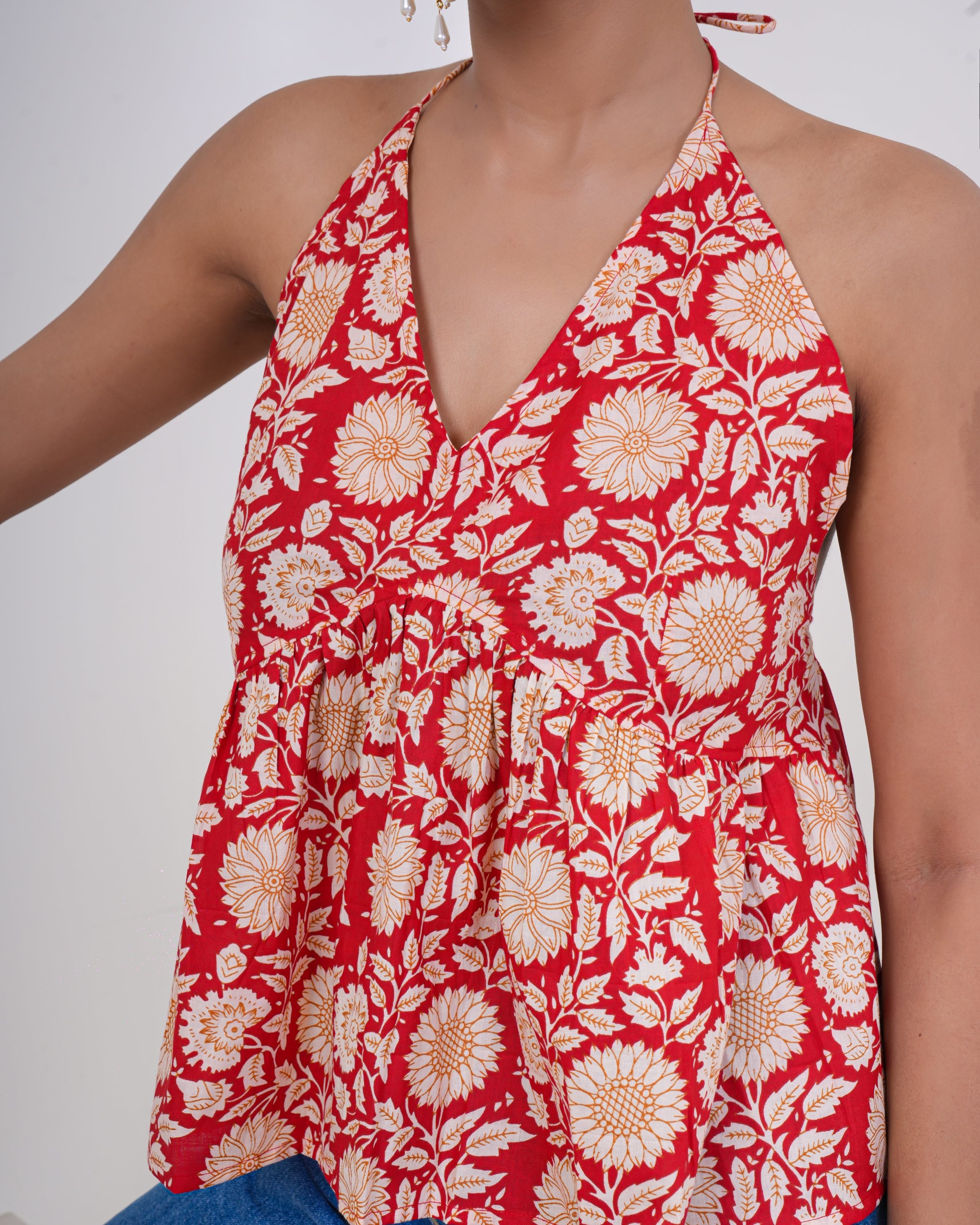 Crimson Bloom Pure Cotton Halter Top