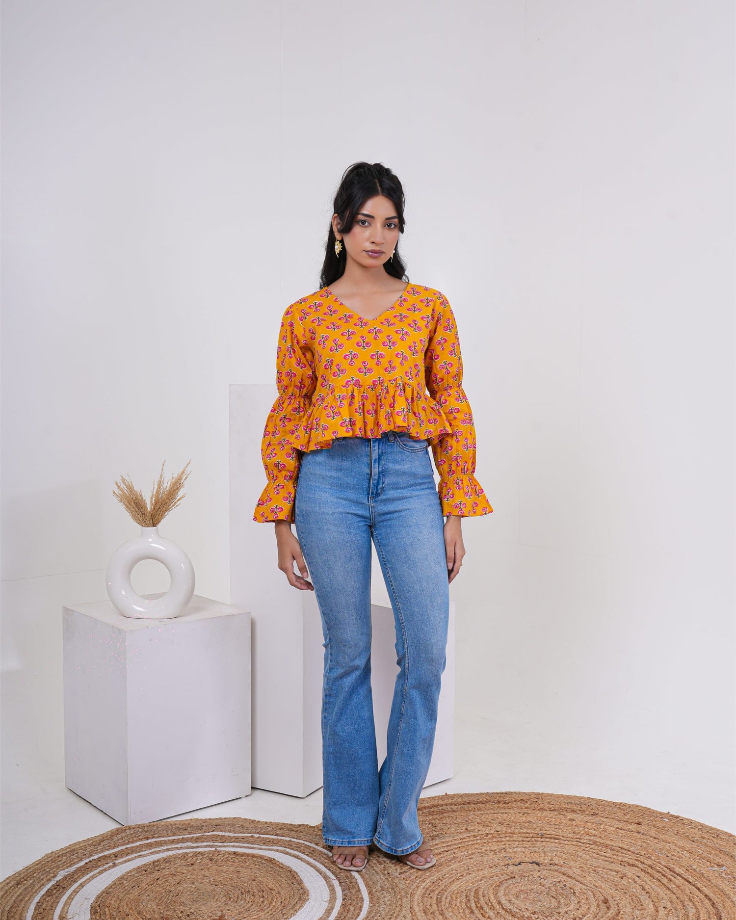 Saffron Bloom Bell Sleeve Pure Cotton Top