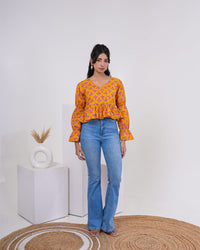 Saffron Bloom Bell Sleeve Pure Cotton Top