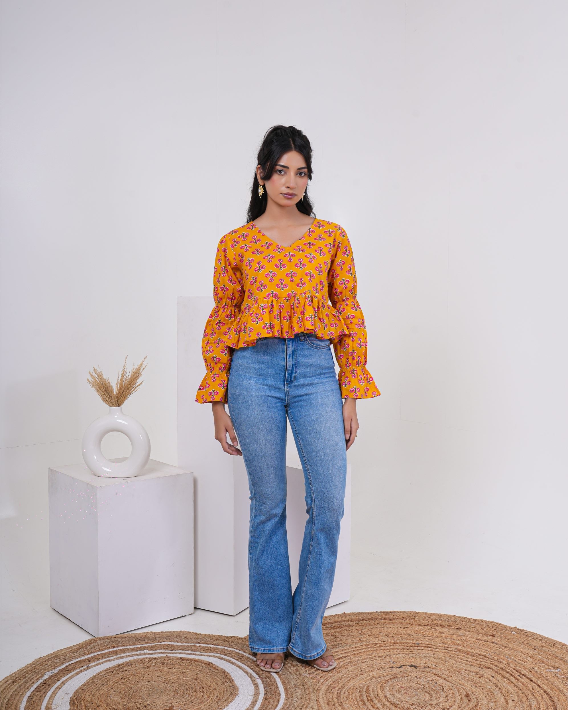 Saffron Bloom Bell Sleeve Pure Cotton Top
