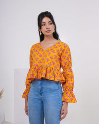 Saffron Bloom Bell Sleeve Pure Cotton Top