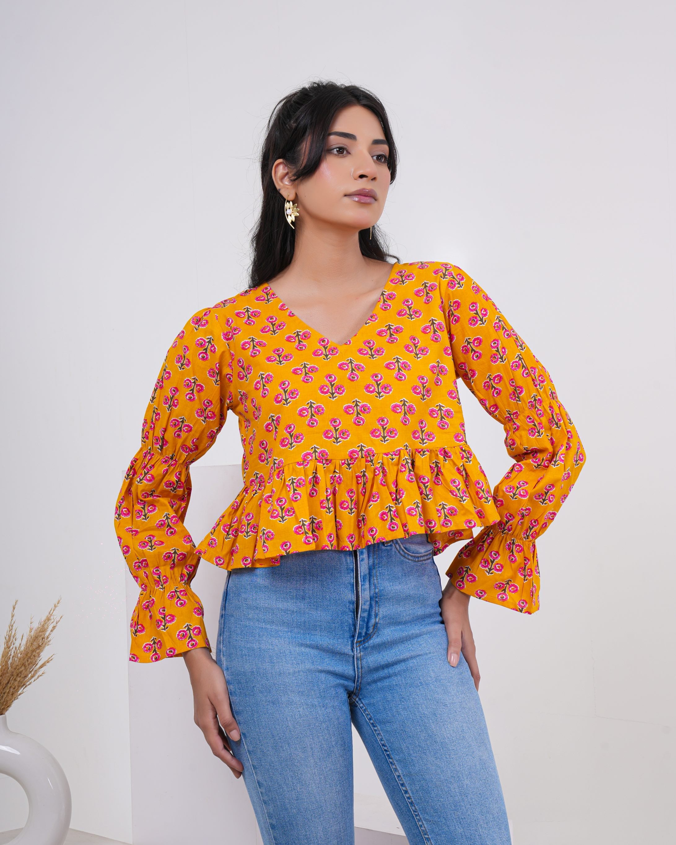 Saffron Bloom Bell Sleeve Pure Cotton Top