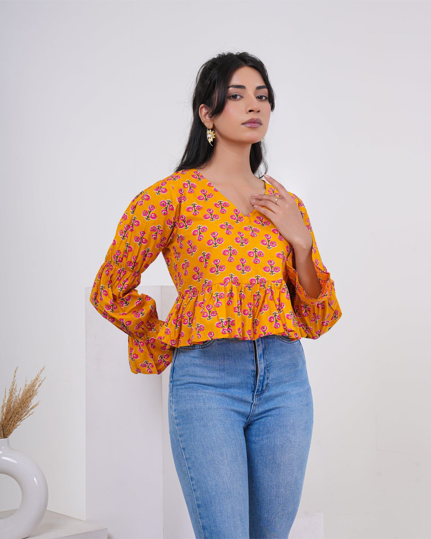 Saffron Bloom Bell Sleeve Pure Cotton Top