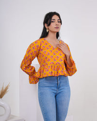Saffron Bloom Bell Sleeve Pure Cotton Top