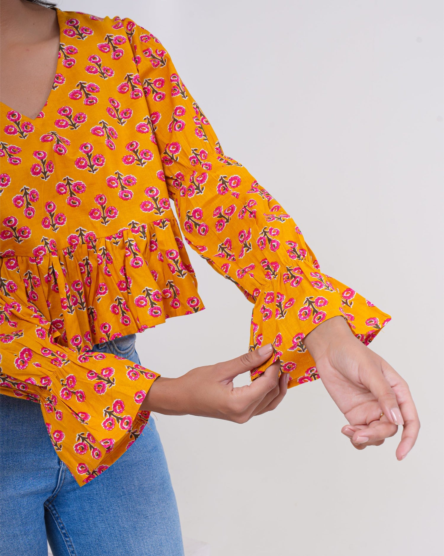 Saffron Bloom Bell Sleeve Pure Cotton Top