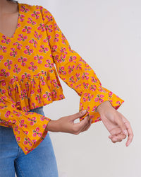 Saffron Bloom Bell Sleeve Pure Cotton Top