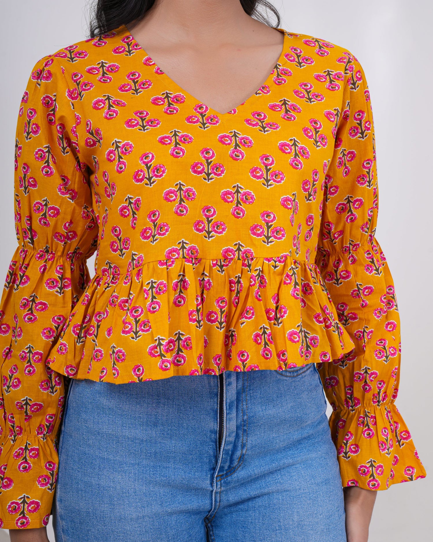 Saffron Bloom Bell Sleeve Pure Cotton Top