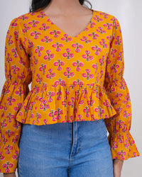 Saffron Bloom Bell Sleeve Pure Cotton Top
