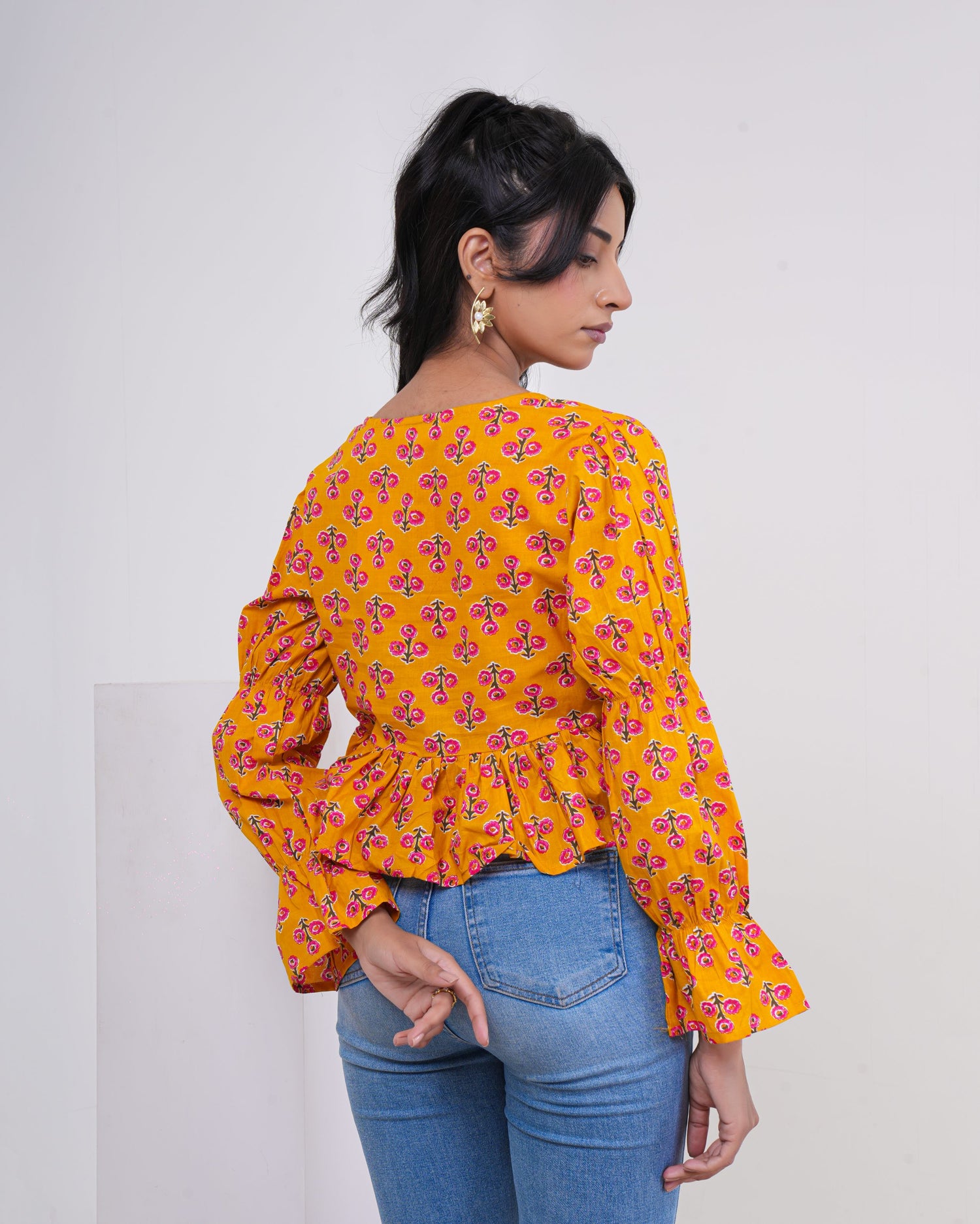Saffron Bloom Bell Sleeve Pure Cotton Top