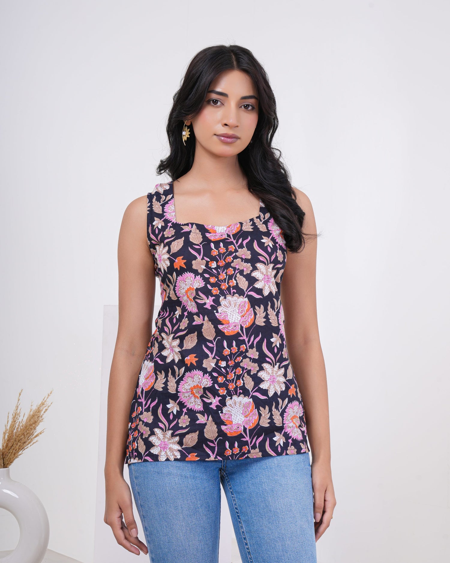 Midnight Garden Lace-Up Pure Cotton Kurti