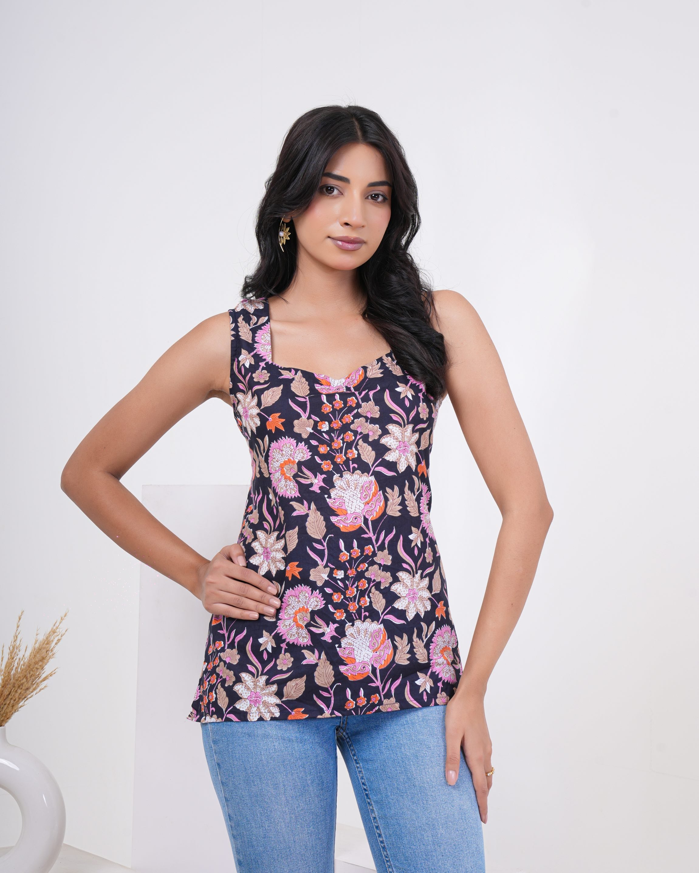 Midnight Garden Lace-Up Pure Cotton Kurti