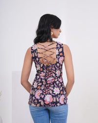 Midnight Garden Lace-Up Pure Cotton Kurti