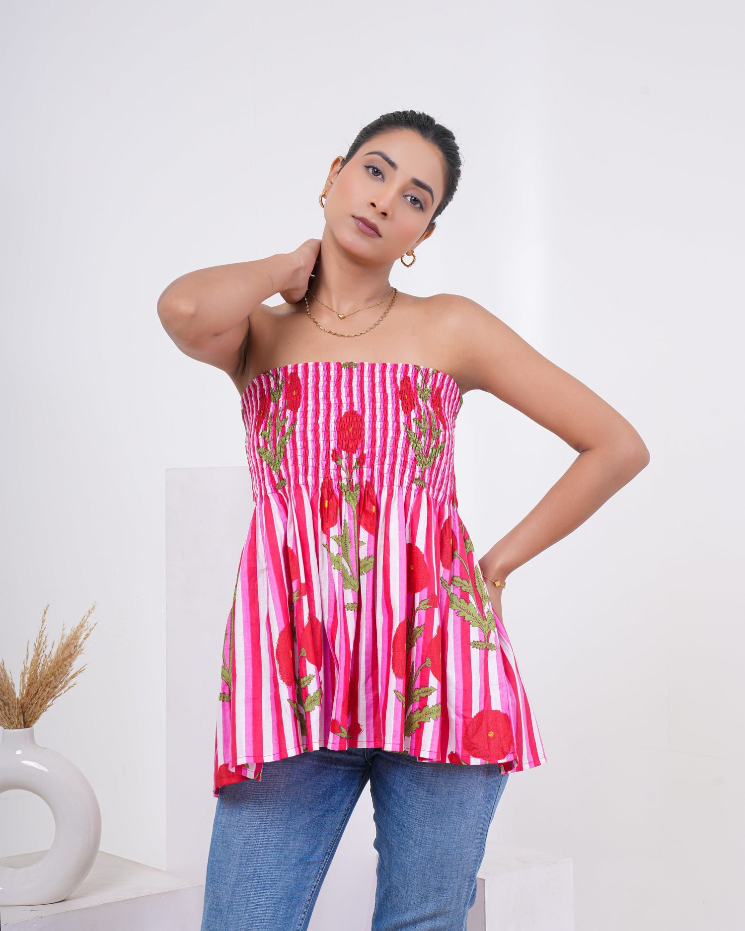 Rose Bloom Smocked Pure Cotton Tube Top