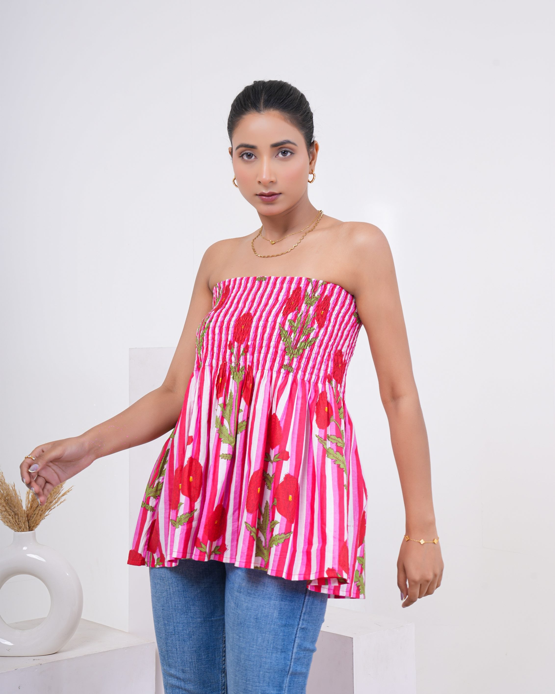 Rose Bloom Smocked Pure Cotton Tube Top