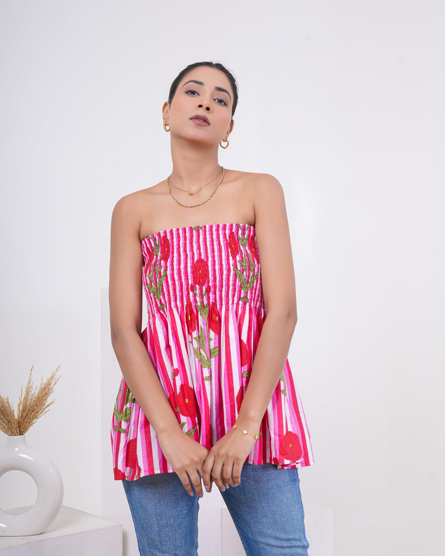 Rose Bloom Smocked Pure Cotton Tube Top