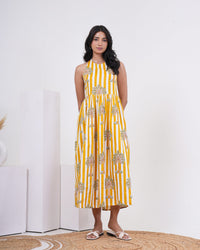 Sunlit Palm Stripe Pure Cotton Halter Dress