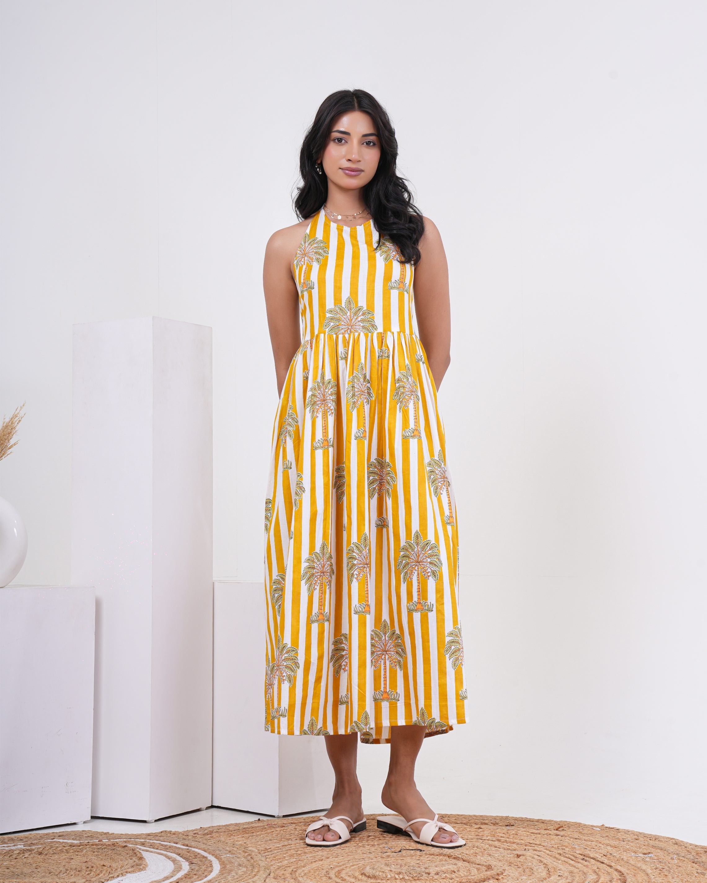 Sunlit Palm Stripe Pure Cotton Halter Dress
