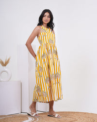 Sunlit Palm Stripe Pure Cotton Halter Dress