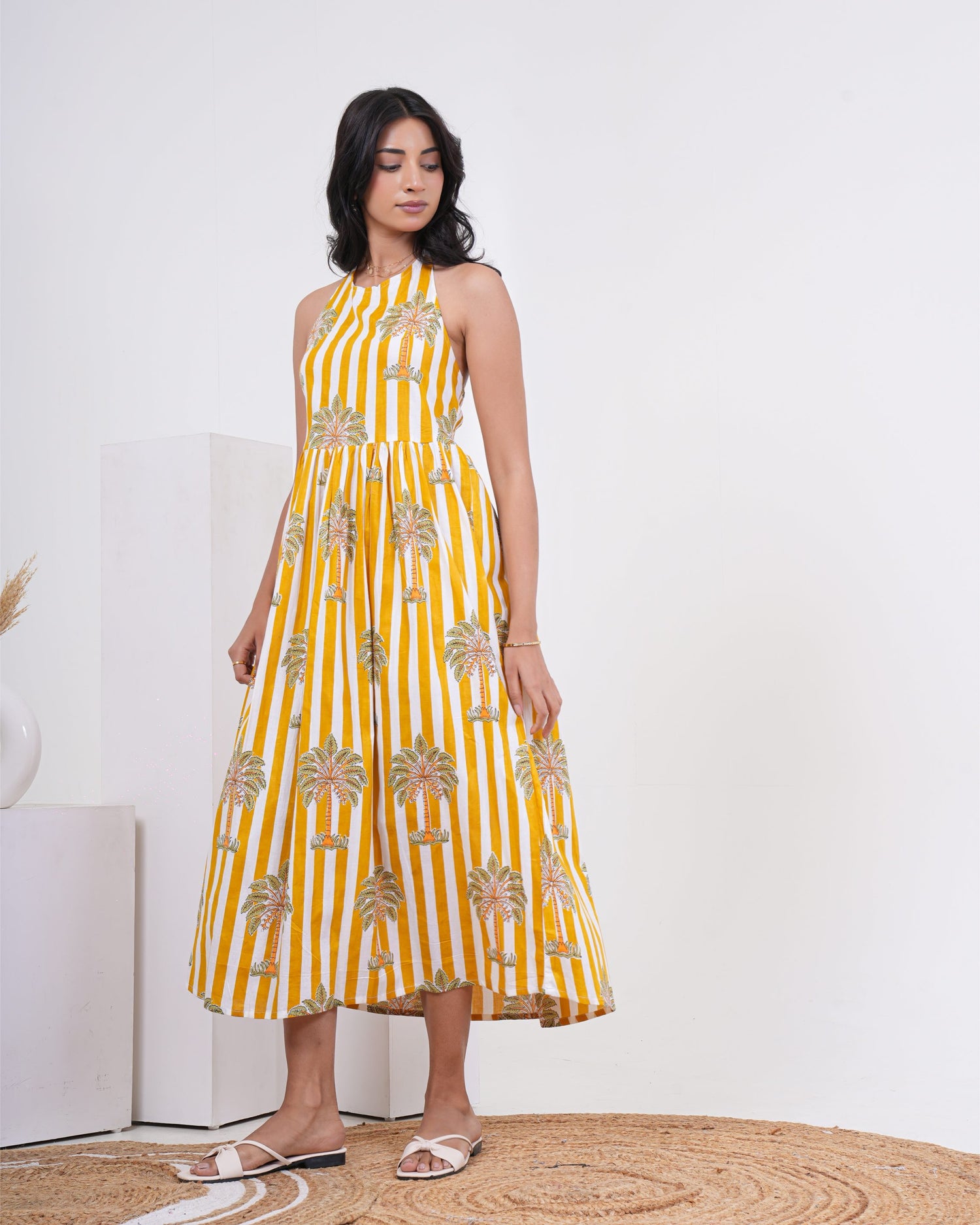 Sunlit Palm Stripe Pure Cotton Halter Dress