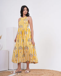 Sunlit Palm Stripe Pure Cotton Halter Dress