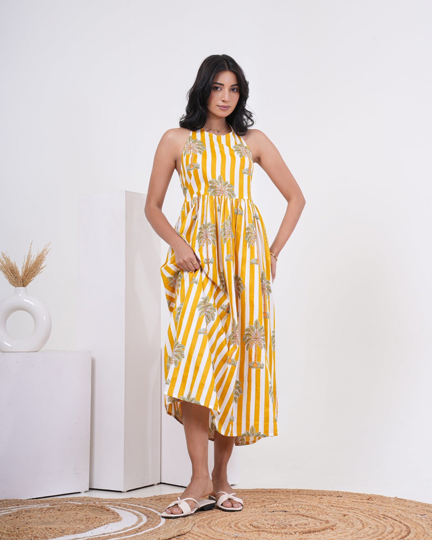 Sunlit Palm Stripe Pure Cotton Halter Dress