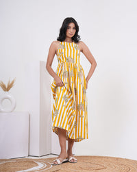 Sunlit Palm Stripe Pure Cotton Halter Dress